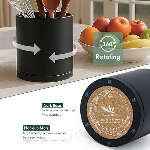 D'vine Dev 360° Rotating Utensil Holder Set – 7.2"+5" Kitchen Utensil Crocks for Countertop, Modern Cooking Tool Organizers for Kitchen Storage +Décor, Black, Set of 2, 72-Z-B-1 - My Kitchen Products