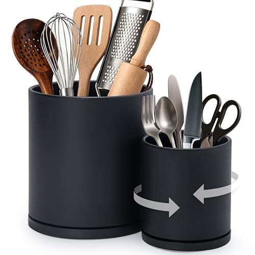 D'vine Dev 360° Rotating Utensil Holder Set - 7.2"+5" Kitchen Utensil Crocks for Countertop, Modern Cooking Tool Organizers