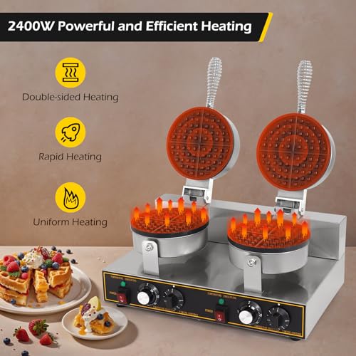 Dyna-Living Waffle Maker 2400W Double Waffle Iron Maker Restaurant Non-stick Round Waffle Machine Commercial Waffle Maker Large Waffle Machine for Hotel, Thicken Stainless Steel - My Kitchen Products