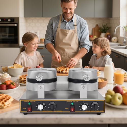 Dyna-Living Waffle Maker 2400W Double Waffle Iron Maker Restaurant Non-stick Round Waffle Machine Commercial Waffle Maker Large Waffle Machine for Hotel, Thicken Stainless Steel - My Kitchen Products