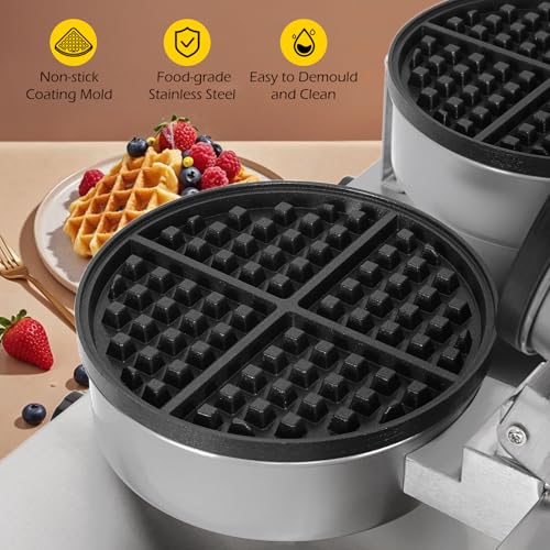 Dyna-Living Waffle Maker 2400W Double Waffle Iron Maker Restaurant Non-stick Round Waffle Machine Commercial Waffle Maker Large Waffle Machine for Hotel, Thicken Stainless Steel - My Kitchen Products