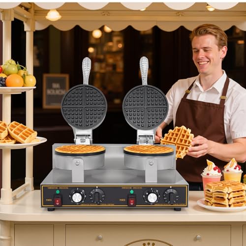 Dyna-Living Waffle Maker 2400W Double Waffle Iron Maker Restaurant Non-stick Round Waffle Machine Commercial Waffle Maker Large Waffle Machine for Hotel, Thicken Stainless Steel - My Kitchen Products