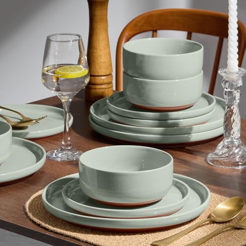 E-far 6-Piece Stoneware Dinnerware Sets, Plates and Bowls Sets for 2, Ceramic Dishware Dishes Set with Terracotta Base, Chip & Scratch Resistant, Microwave & Dishwasher Safe, Speckled Green - My Kitchen Products