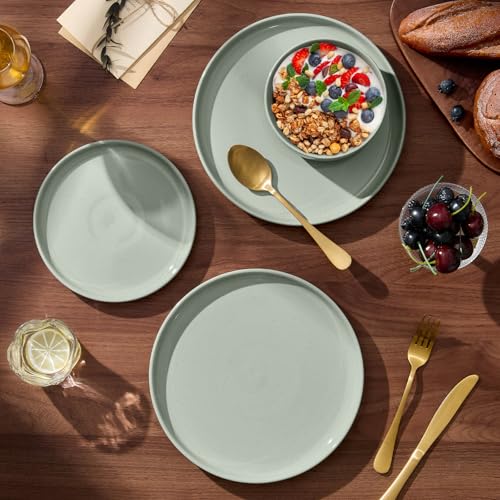 E-far 6-Piece Stoneware Dinnerware Sets, Plates and Bowls Sets for 2, Ceramic Dishware Dishes Set with Terracotta Base, Chip & Scratch Resistant, Microwave & Dishwasher Safe, Speckled Green - My Kitchen Products