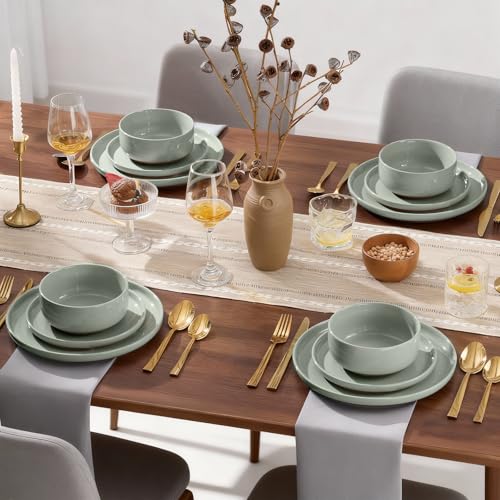 E-far 6-Piece Stoneware Dinnerware Sets, Plates and Bowls Sets for 2, Ceramic Dishware Dishes Set with Terracotta Base, Chip & Scratch Resistant, Microwave & Dishwasher Safe, Speckled Green - My Kitchen Products