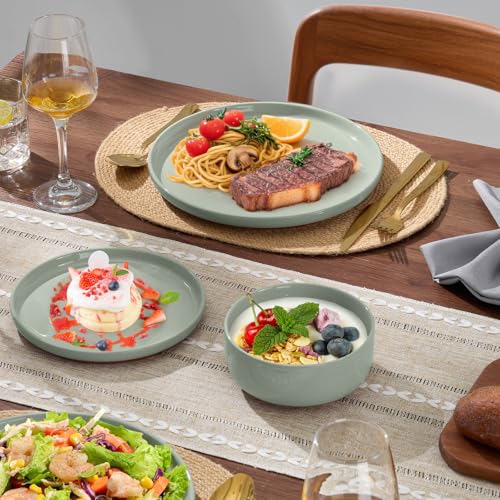 E-far 6-Piece Stoneware Dinnerware Sets, Plates and Bowls Sets for 2, Ceramic Dishware Dishes Set with Terracotta Base, Chip & Scratch Resistant, Microwave & Dishwasher Safe, Speckled Green - My Kitchen Products