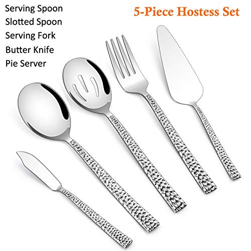 E-far Hammered Serving Utensils, 5-Piece Stainless Steel Square Hostess Serving Set for Buffet Party Kitchen Restaurant, Mirror Finished & Dishwasher Safe - My Kitchen Products