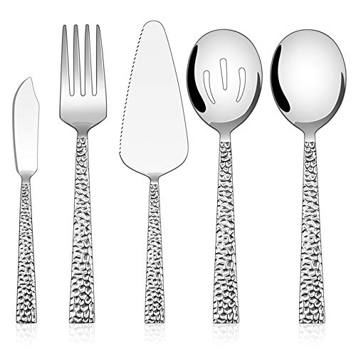 E-far Hammered Serving Utensils, 5-Piece Stainless Steel Square Hostess Serving Set for Buffet Party Kitchen