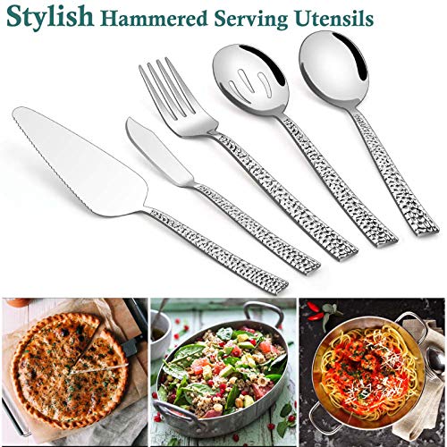 E-far Hammered Serving Utensils, 5-Piece Stainless Steel Square Hostess Serving Set for Buffet Party Kitchen Restaurant, Mirror Finished & Dishwasher Safe - My Kitchen Products