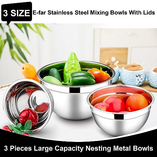 E-far Mixing Bowls with Lids, 6-Piece Stainless Steel Salad Bowls Metal Nesting Bowls for Baking Cooking and Prepping, Airtight Lids & Stackable Design, Size 4.5, 3, 1.5 QT (Black) - My Kitchen Products