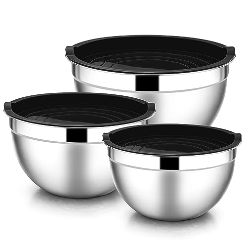 E-far Mixing Bowls with Lids, 6-Piece Stainless Steel Salad Bowls Metal Nesting Bowls for Baking Cooking and Prepping, Airtight Lids & Stackable Design, Size 4.5, 3, 1.5 QT (Black) - My Kitchen Products