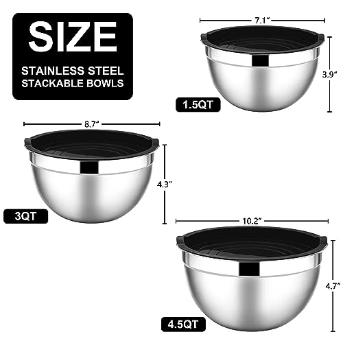 E-far Mixing Bowls with Lids, 6-Piece Stainless Steel Salad Bowls Metal Nesting Bowls for Baking Cooking and Prepping, Airtight Lids & Stackable Design, Size 4.5, 3, 1.5 QT (Black) - My Kitchen Products