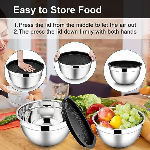 E-far Mixing Bowls with Lids, 6-Piece Stainless Steel Salad Bowls Metal Nesting Bowls for Baking Cooking and Prepping, Airtight Lids & Stackable Design, Size 4.5, 3, 1.5 QT (Black) - My Kitchen Products