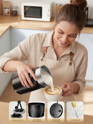 Ecoflarix Large Capacity Milk Frother: 4-in-1 Electric Milk Steamer 350ml, 7700RPM High Speed, 120s Fast Frothing, 𝐇𝐨𝐭 & 𝐂𝐨𝐥𝐝 Foam Maker, Helpful Stainless Steel for Latte - Grayish Black - My Kitchen Products
