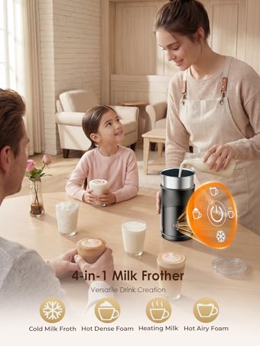 Ecoflarix Large Capacity Milk Frother: 4-in-1 Electric Milk Steamer 350ml, 7700RPM High Speed, 120s Fast Frothing, 𝐇𝐨𝐭 & 𝐂𝐨𝐥𝐝 Foam Maker, Helpful Stainless Steel for Latte - Grayish Black - My Kitchen Products