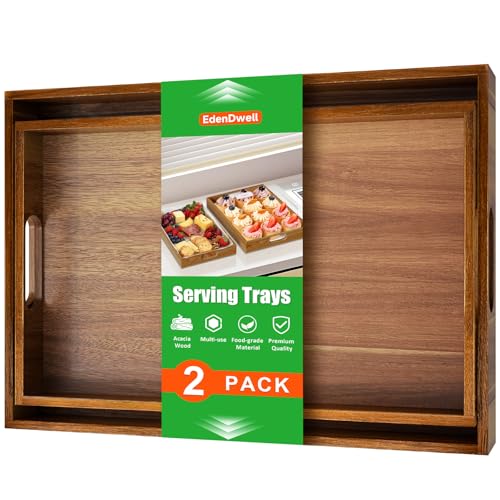 EdenDwell Acacia Serving Trays - 2 Pack, Acacia Wood Serving Platterss, Wood Serving Tray, Decorative Trays for Breakfast