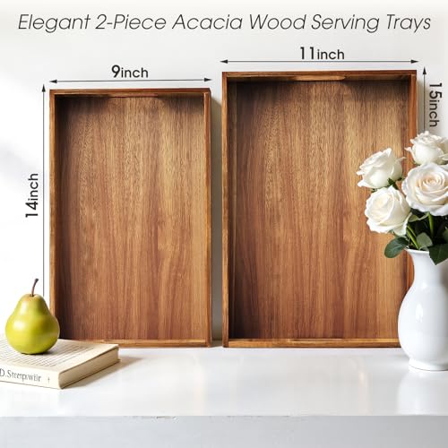 EdenDwell Acacia Serving Trays - 2 Pack, Acacia Wood Serving Platterss, Wood Serving Tray, Decorative Trays for Breakfast, Brunch, Dinner, Coffee Table, Party, Kitchen-M - My Kitchen Products