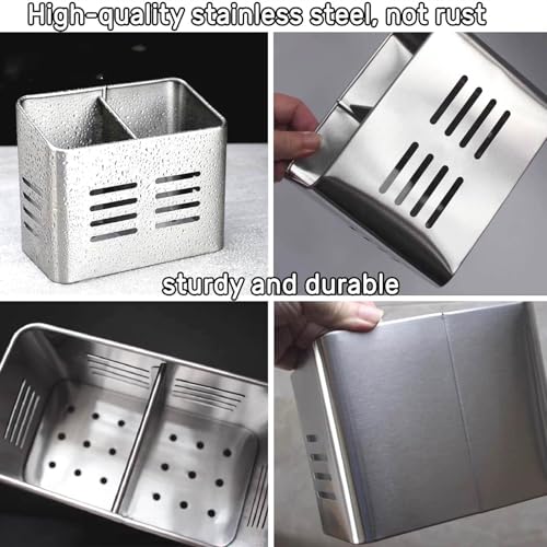 EdgeVue Stainless Steel Kitchen Utensil Holder for countertop, 2 Compartment Caddy & Organizer for Drying Cooking Spoons Utility Sturdy Home Kitchen Daily Use Utensil Drainer (Silver) - My Kitchen Products