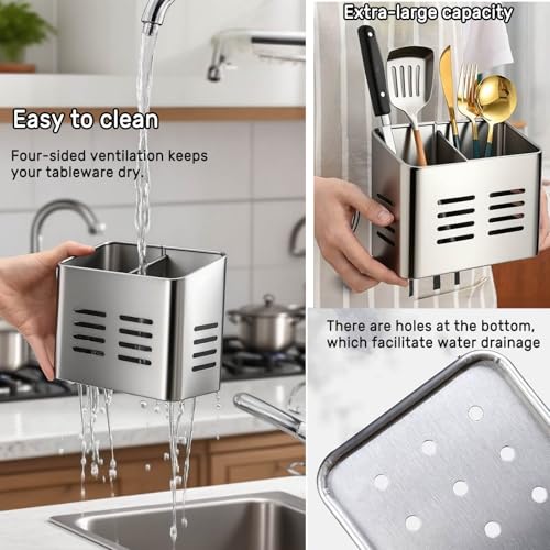 EdgeVue Stainless Steel Kitchen Utensil Holder for countertop, 2 Compartment Caddy & Organizer for Drying Cooking Spoons Utility Sturdy Home Kitchen Daily Use Utensil Drainer (Silver) - My Kitchen Products