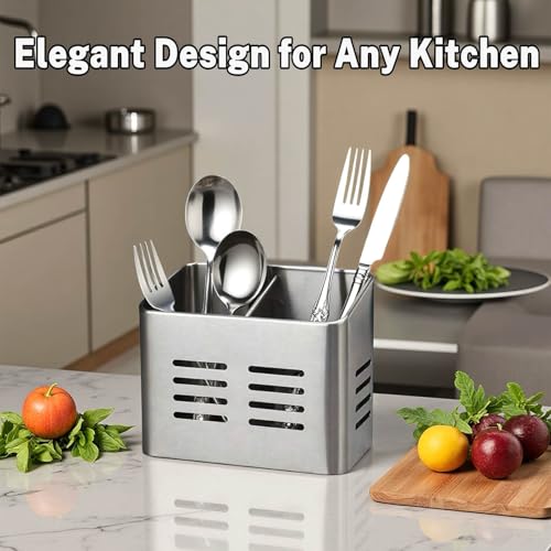EdgeVue Stainless Steel Kitchen Utensil Holder for countertop, 2 Compartment Caddy & Organizer for Drying Cooking Spoons Utility Sturdy Home Kitchen Daily Use Utensil Drainer (Silver) - My Kitchen Products