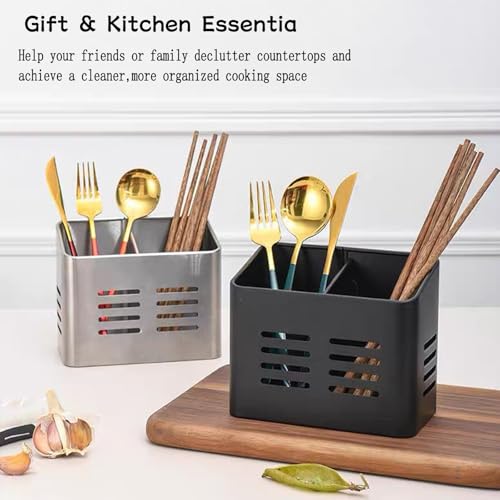 EdgeVue Stainless Steel Kitchen Utensil Holder for countertop, 2 Compartment Caddy & Organizer for Drying Cooking Spoons Utility Sturdy Home Kitchen Daily Use Utensil Drainer (Silver) - My Kitchen Products