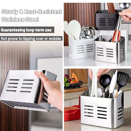 EdgeVue Stainless Steel Kitchen Utensil Holder for countertop, 2 Compartment Caddy & Organizer for Drying Cooking Spoons Utility Sturdy Home Kitchen Daily Use Utensil Drainer (Silver) - My Kitchen Products
