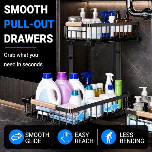 𝐆ee𝐁om Under Sink Organizer, Pull Out Kitchen Storage Cabinet Organizer, 2-Tier Metal Slide Out Shelf for Bathroom Laundry Kitchen Storage with Drawers, 11.8"W x 15.9"D x 13.8-16.9"H, Black, 2 Pack - My Kitchen Products