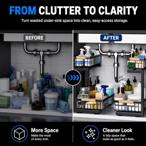𝐆ee𝐁om Under Sink Organizer, Pull Out Kitchen Storage Cabinet Organizer, 2-Tier Metal Slide Out Shelf for Bathroom Laundry Kitchen Storage with Drawers, 11.8"W x 15.9"D x 13.8-16.9"H, Black, 2 Pack - My Kitchen Products