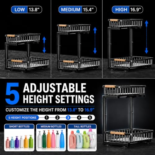 𝐆ee𝐁om Under Sink Organizer, Pull Out Kitchen Storage Cabinet Organizer, 2-Tier Metal Slide Out Shelf for Bathroom Laundry Kitchen Storage with Drawers, 11.8"W x 15.9"D x 13.8-16.9"H, Black, 2 Pack - My Kitchen Products