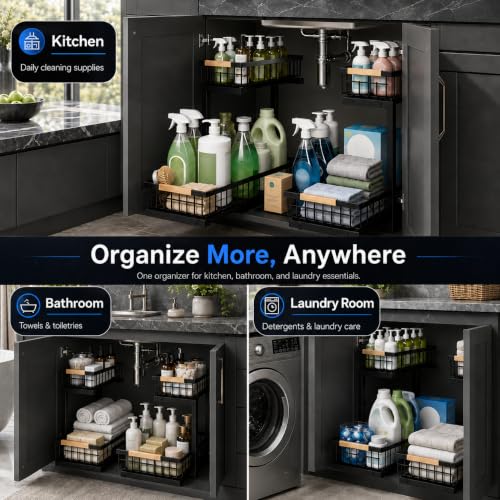 𝐆ee𝐁om Under Sink Organizer, Pull Out Kitchen Storage Cabinet Organizer, 2-Tier Metal Slide Out Shelf for Bathroom Laundry Kitchen Storage with Drawers, 11.8"W x 15.9"D x 13.8-16.9"H, Black, 2 Pack - My Kitchen Products