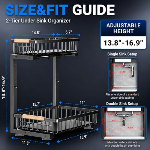 𝐆ee𝐁om Under Sink Organizer, Pull Out Kitchen Storage Cabinet Organizer, 2-Tier Metal Slide Out Shelf for Bathroom Laundry Kitchen Storage with Drawers, 11.8"W x 15.9"D x 13.8-16.9"H, Black, 2 Pack - My Kitchen Products