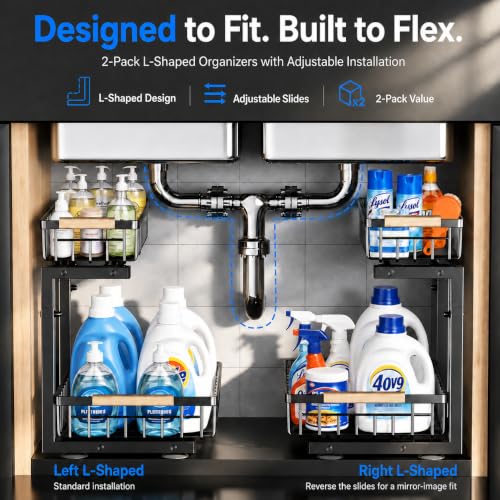 𝐆ee𝐁om Under Sink Organizer, Pull Out Kitchen Storage Cabinet Organizer, 2-Tier Metal Slide Out Shelf for Bathroom Laundry Kitchen Storage with Drawers, 11.8"W x 15.9"D x 13.8-16.9"H, Black, 2 Pack - My Kitchen Products