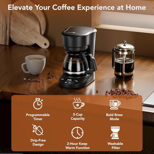 Electactic 5 Cup Programmable Drip Coffee Maker, 24H Delay Brew, 2H Keep Warm & Auto Shut Off, Pause & Serve, Reusable Filter, Glass Coffee Pot, Small Coffee Machine for Home Office - My Kitchen Products