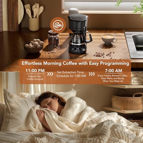 Electactic 5 Cup Programmable Drip Coffee Maker, 24H Delay Brew, 2H Keep Warm & Auto Shut Off, Pause & Serve, Reusable Filter, Glass Coffee Pot, Small Coffee Machine for Home Office - My Kitchen Products