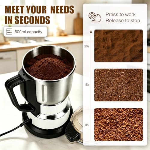 Electric Grain Mill Grinder - 304 Stainless Steel Grain Grinder Flour Mill Grinder for Home Fit for Grinding Wheat, Corn, Oats, Millet, Coffee Beans (Silver, 495g) - My Kitchen Products