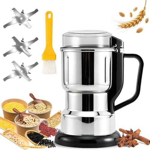 Electric Grain Mill Grinder - 304 Stainless Steel Grain Grinder Flour Mill Grinder for Home Fit for Grinding Wheat, Corn, Oats, Millet, Coffee Beans (Silver, 495g) - My Kitchen Products