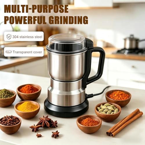 Electric Grain Mill Grinder - 304 Stainless Steel Grain Grinder Flour Mill Grinder for Home Fit for Grinding Wheat, Corn, Oats, Millet, Coffee Beans (Silver, 495g) - My Kitchen Products