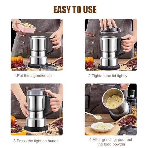 Electric Grain Mill Grinder - 304 Stainless Steel Grain Grinder Flour Mill Grinder for Home Fit for Grinding Wheat, Corn, Oats, Millet, Coffee Beans (Silver, 495g) - My Kitchen Products