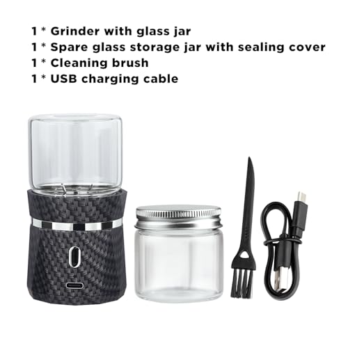 Electric Grinder Automatic Mini Size Spice Crusher with 2PCS Glass Jar of 1.7oz/50ml Rechargeable (not for grinding nut & coffee bean), Carbon Fiber Pattern - My Kitchen Products