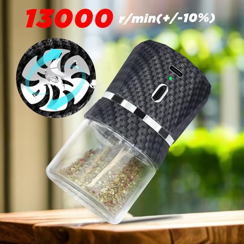 Electric Grinder Automatic Mini Size Spice Crusher with 2PCS Glass Jar of 1.7oz/50ml Rechargeable (not for grinding nut & coffee bean), Carbon Fiber Pattern - My Kitchen Products