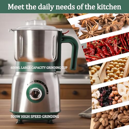 Electric Grinder for Kitchen - 500W Grain Mill with 3 Stainless Steel Blades, Versatile Spice Grinder for Coffee, Grinding Spices, Bean, Grains, Nuts (Green) - My Kitchen Products