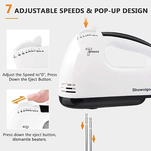 Electric Hand mixer - 7 Adjustable Speed 180W Handheld Mixer Electric Whisk with 5 Stainless Steel Accessories, Turbo Boost/Self-Control Speed + Eject Button Food Beater for Cakes Eggs, Off-white - My Kitchen Products