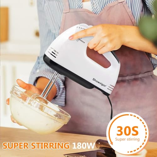 Electric Hand mixer - 7 Adjustable Speed 180W Handheld Mixer Electric Whisk with 5 Stainless Steel Accessories, Turbo Boost/Self-Control Speed + Eject Button Food Beater for Cakes Eggs, Off-white - My Kitchen Products