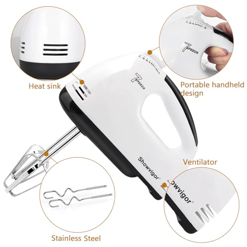 Electric Hand mixer - 7 Adjustable Speed 180W Handheld Mixer Electric Whisk with 5 Stainless Steel Accessories, Turbo Boost/Self-Control Speed + Eject Button Food Beater for Cakes Eggs, Off-white - My Kitchen Products