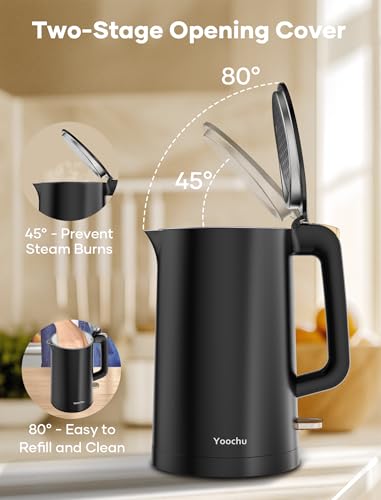 Electric Kettle, Double Wall 1.7L Stainless Steel Cool Touch, Water Boiler & Heater, 1500W Hot Tea Pot, Boil Dry Protection & Cordless Base, BPA-Free, Black - My Kitchen Products