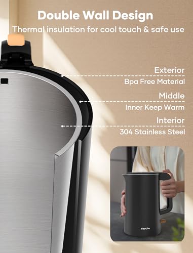 Electric Kettle, Double Wall 1.7L Stainless Steel Cool Touch, Water Boiler & Heater, 1500W Hot Tea Pot, Boil Dry Protection & Cordless Base, BPA-Free, Black - My Kitchen Products