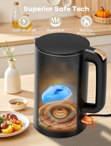 Electric Kettle, Double Wall 1.7L Stainless Steel Cool Touch, Water Boiler & Heater, 1500W Hot Tea Pot, Boil Dry Protection & Cordless Base, BPA-Free, Black - My Kitchen Products