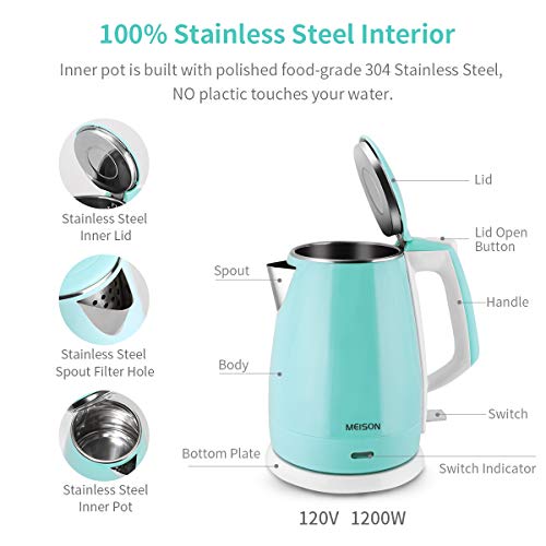Electric Kettle(BPA Free), Double Wall Water Boiler Heater, Stainless Steel Interior, Cool Touch Coffee Pot & Tea Kettle, Auto Shut-Off and Boil-Dry Protection, 1.5L, 2 Year Warranty - My Kitchen Products