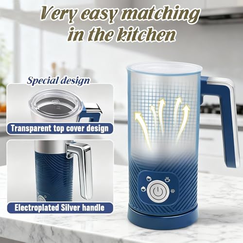 Electric Milk Frother and Steamer, 4-in-1 Milk Steamer with Wood Elements Design, Automatic Hot & Cold Foam Maker for Latte, Cappuccinos, Macchiato, Milk Warmer (blue) - My Kitchen Products