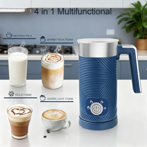 Electric Milk Frother and Steamer, 4-in-1 Milk Steamer with Wood Elements Design, Automatic Hot & Cold Foam Maker for Latte, Cappuccinos, Macchiato, Milk Warmer (blue) - My Kitchen Products